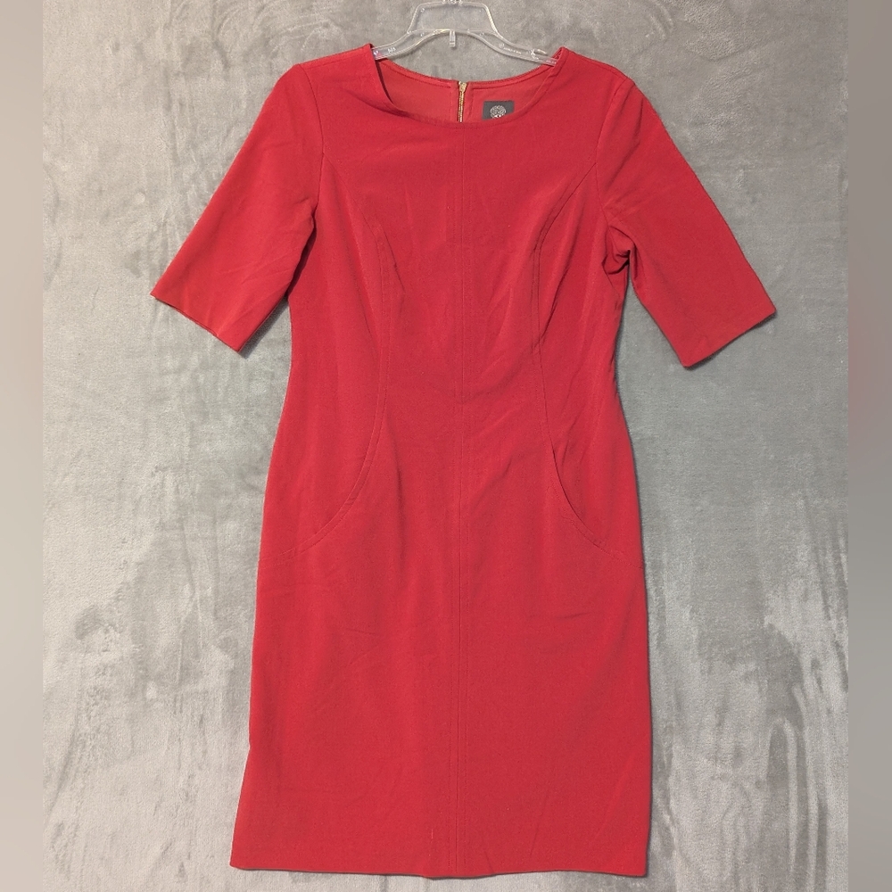 Vince Camuto Woman's Shift Dress Pink Pockets Gold Zipper Size 8 Lined‎